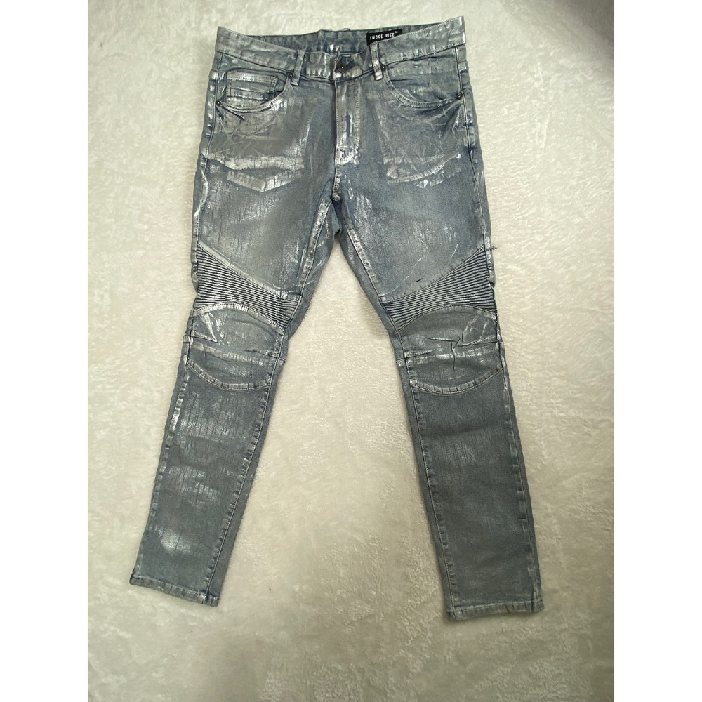 Smoke Rise Moto Jeans Metallic Silver Distressed Denim Pants 34x32 Grunge Skater